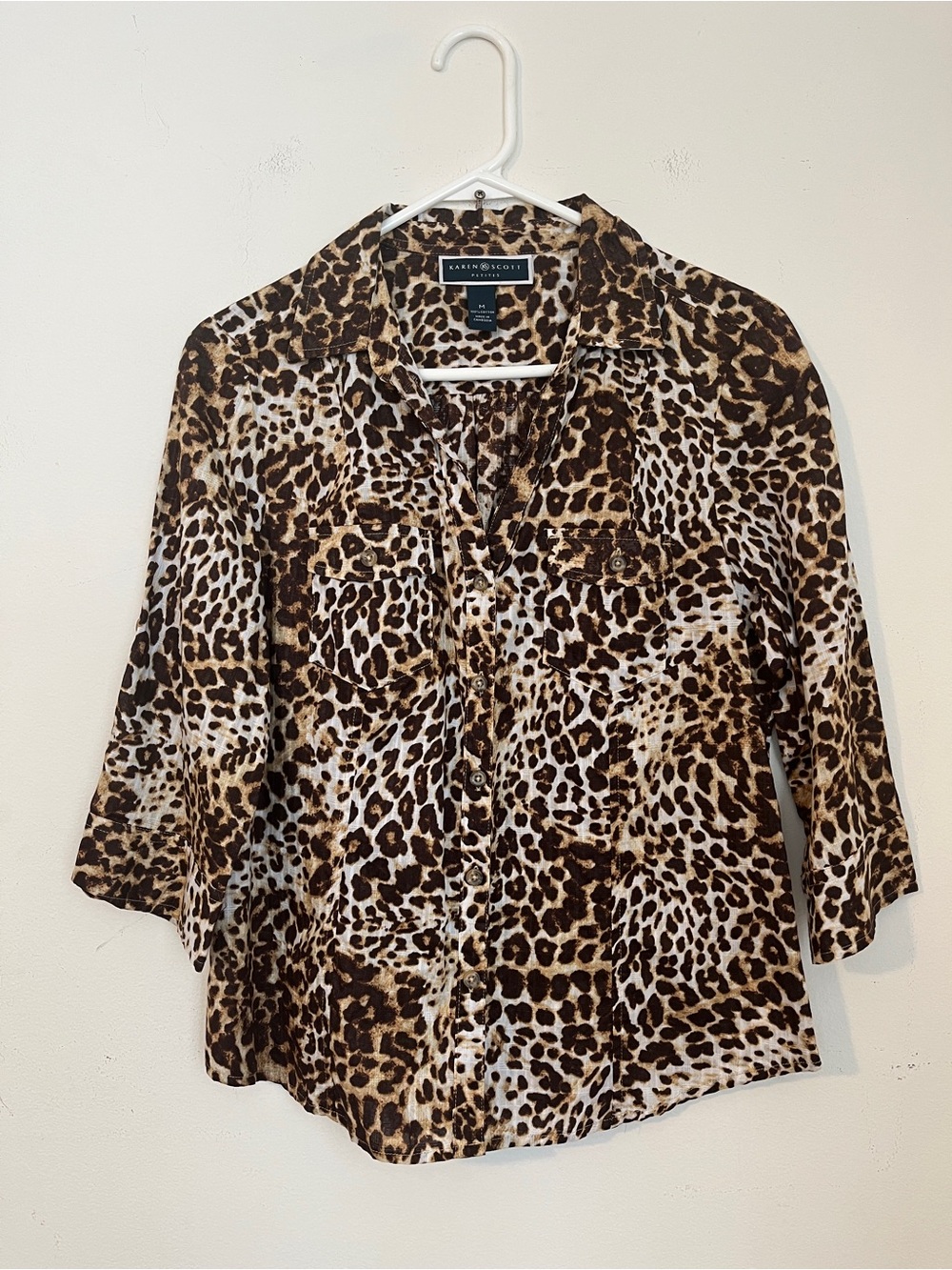 Karen Scott Brown and Cream Leopard-Print blouse size M Button Down Shirt light
